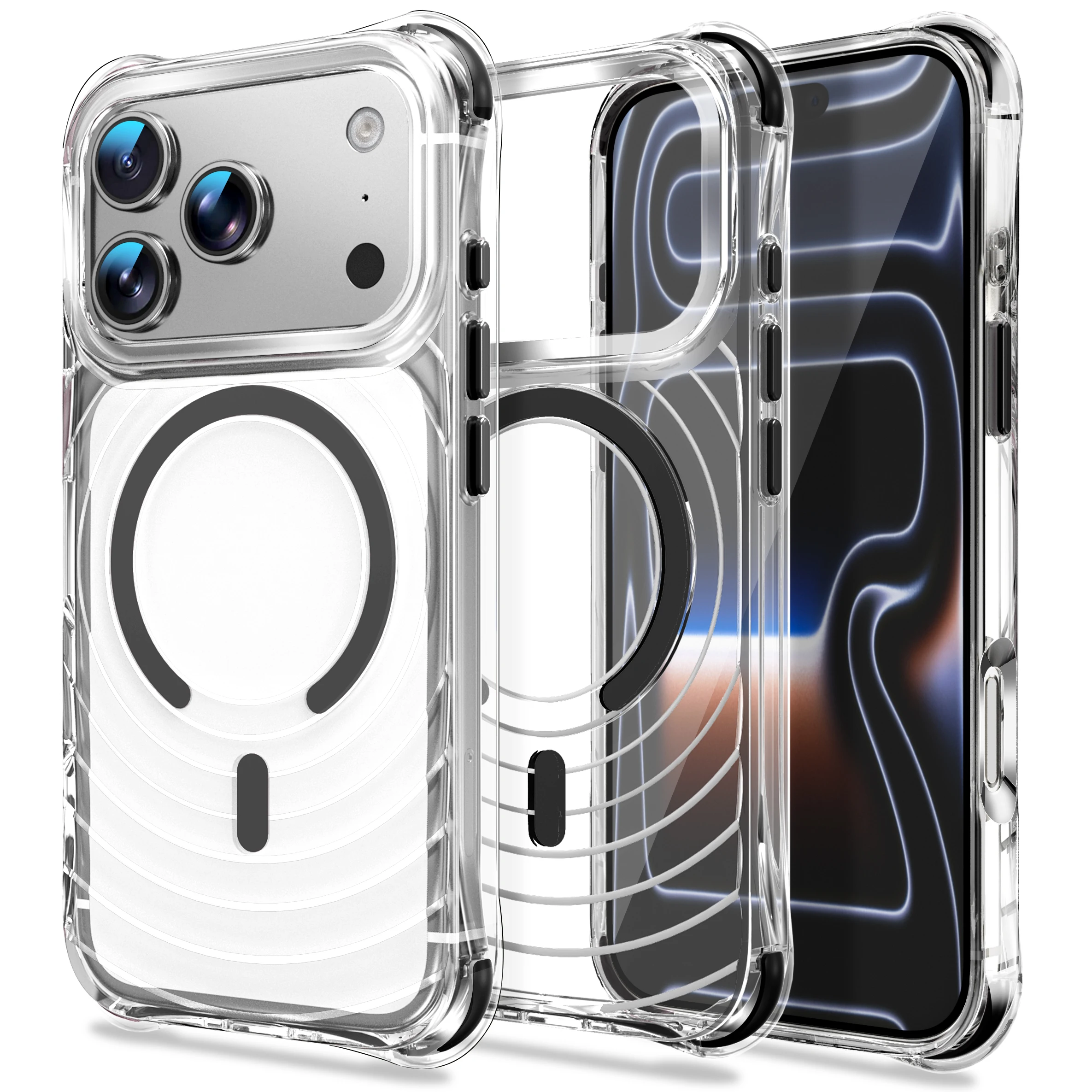 Water Ripple Shockproof Clear Magnetic Case with Magsafe-Compatible Wireless Charging - Transparent Hard Back Cover