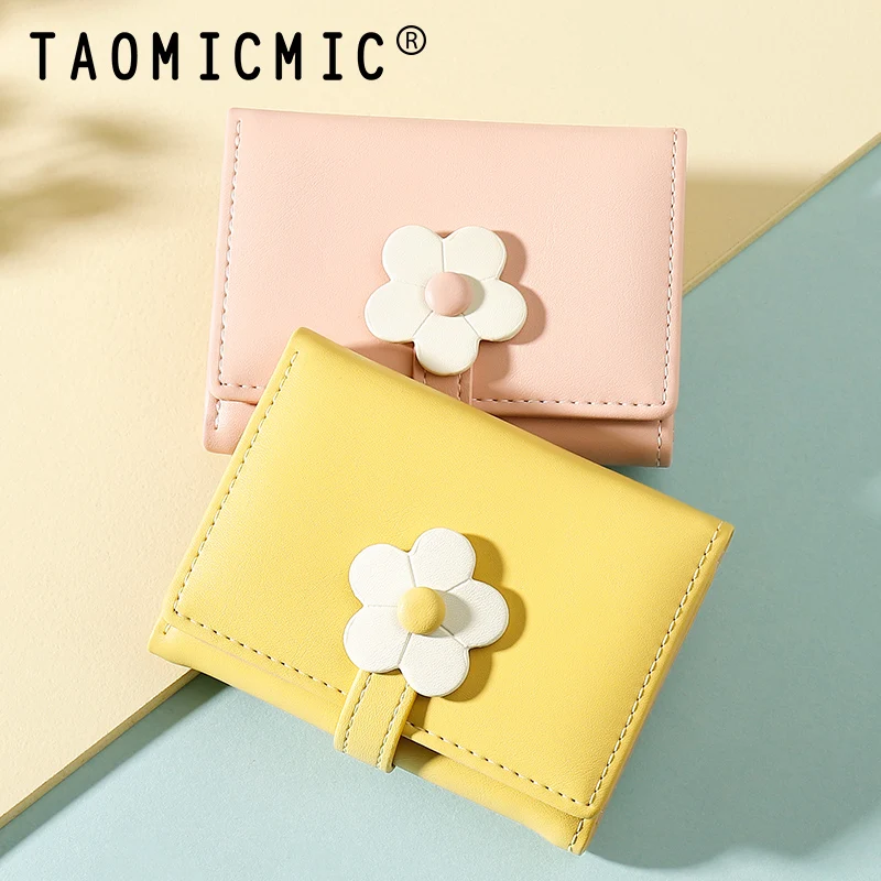 New Simple Cute Little Flower Student Wallet Korean Style Fashionable Short Three-fold Women's Storage Bag Pink Blue Green Black