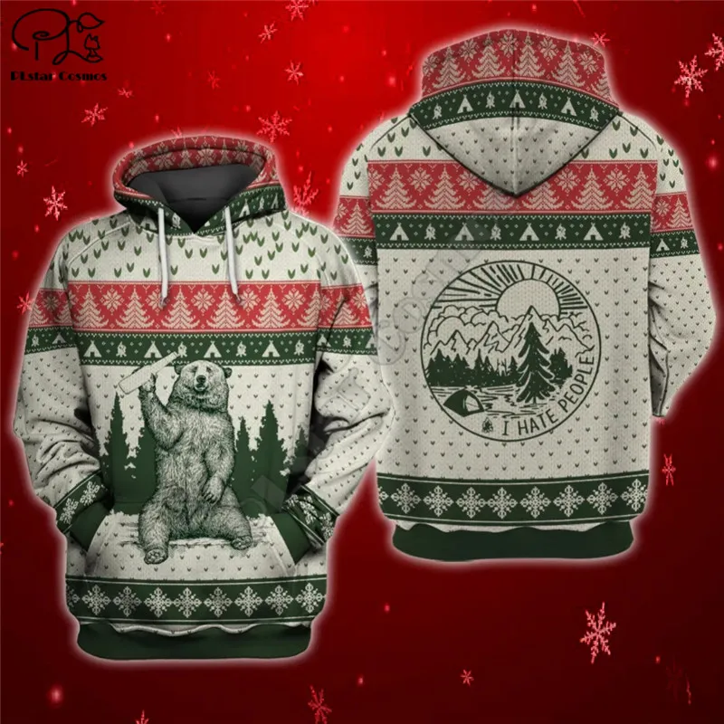 Bear I Hate People Ugly Christmas Sweatshirt Camping Knitting Print Hoodies Sweatshirts Zip Hooded Men/Women Casual Streetwear
