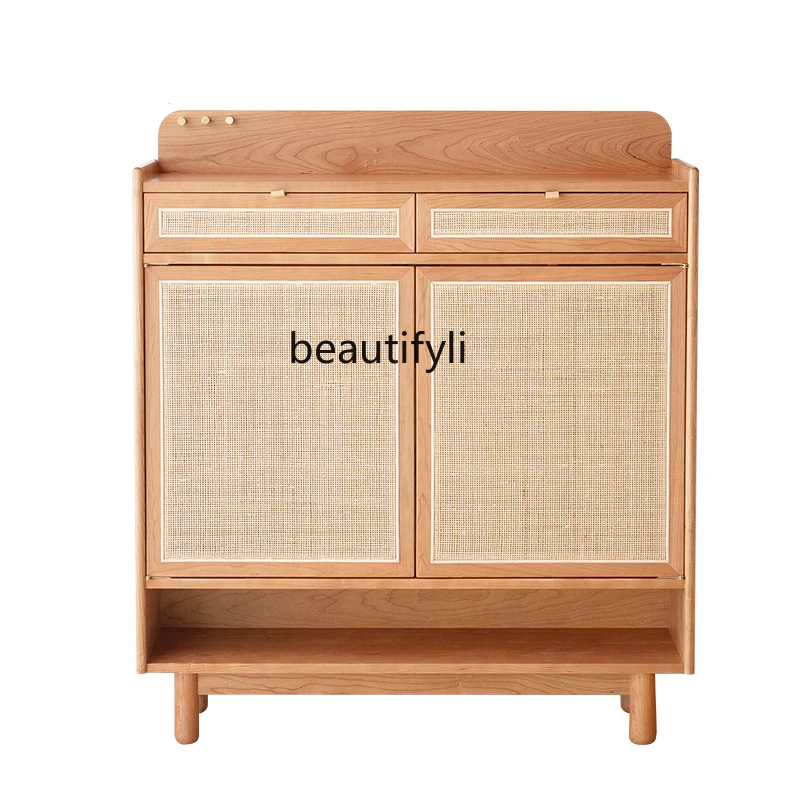 

Nordic Solid Wood Entrance Cabinet Cherrywood Japanese Rattan Flip Door Home Doorway Storage Shoe Cabinet