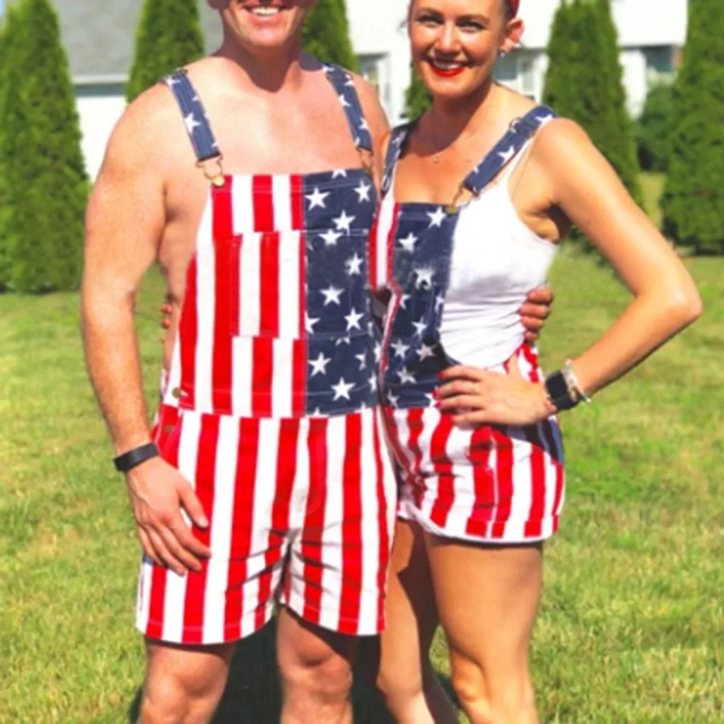 미국 국기 프린트 남성 점프수트, 턱받이 포켓 패션 오버롤, 독립 기념일 캐주얼 짧은 점프수트, 여름 남성 오버롤