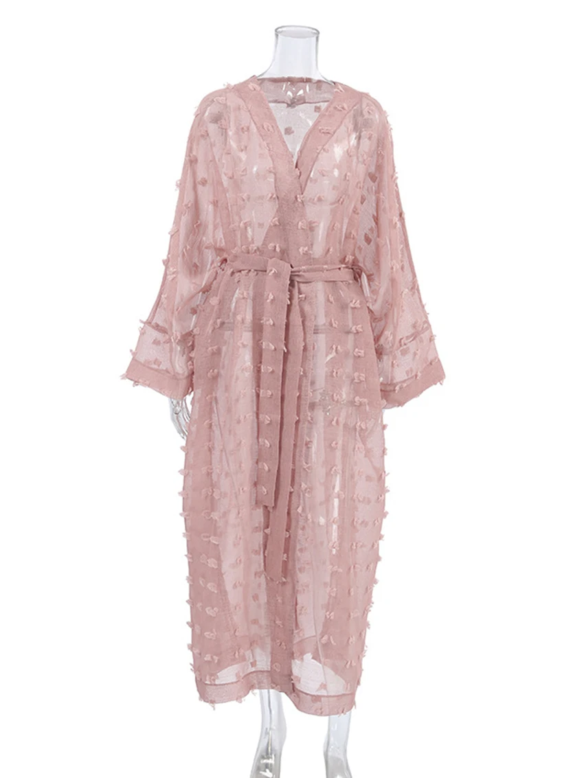 Marthaqiqi Fashion Mesh Femme Robe Sexy V-Neck Pajama Long Sleeve Nightie Lace Up Bathrobe Ankle-Length Dress Home Clothes Women