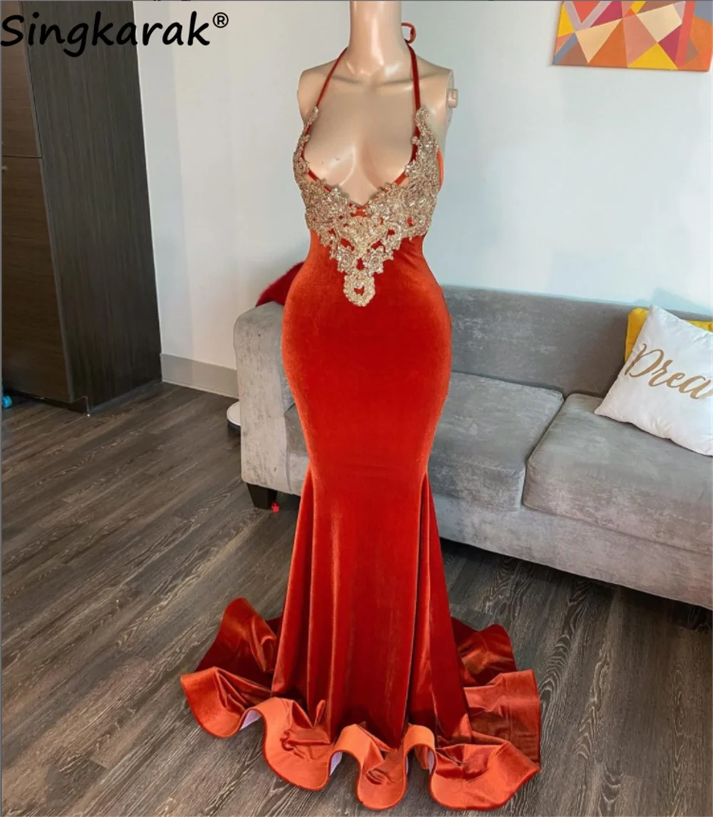 rose gold prom dress Sexy African Prom Dresses Velvet  Beads Aplliques Birthday Party Dress  Formal Event Gowns Elegant  Robe De Bal red prom dress