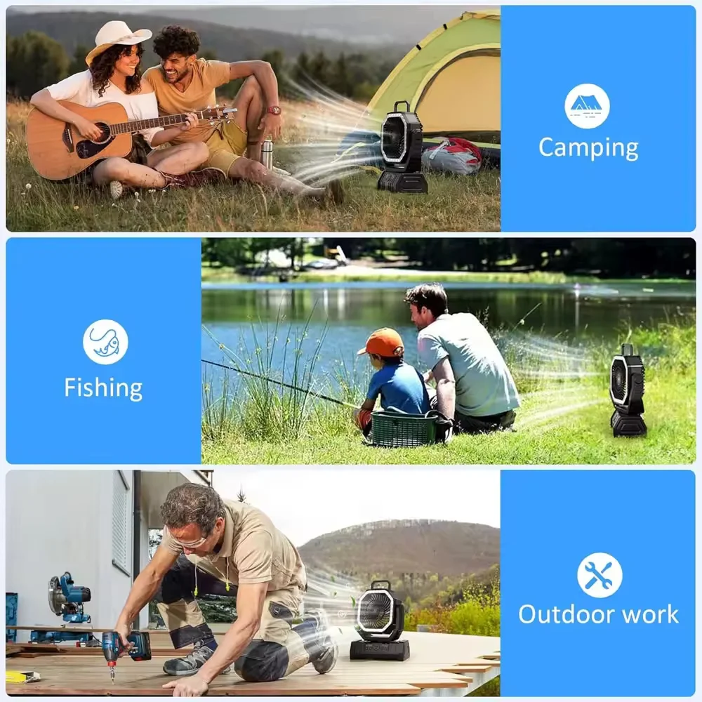 Outdoor Camping 20000mAh Rechargeable Fan With LED Lantern & Remote For Fishing Travel, 4 Speeds 8H Timer, Hanging Hook_voghion.com