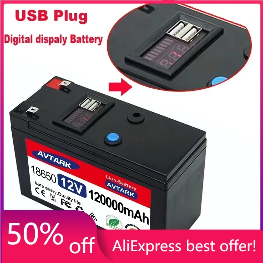 

2023 Upgraded 12V 120000mAh Portable Rechargeable Battery Built-in 5V 2.1A USB Power Display Charging Port with +12.6V Charger