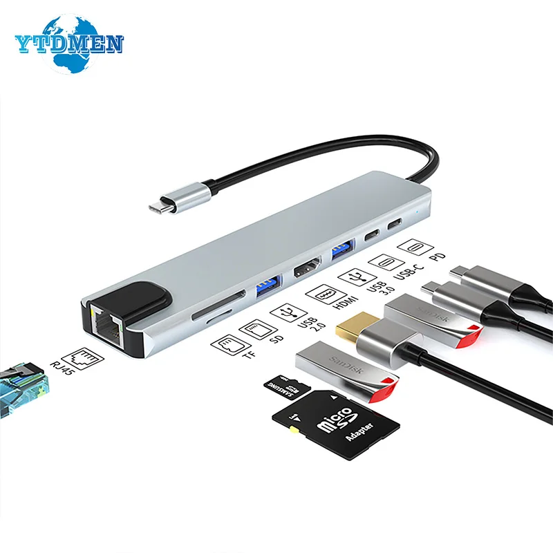 

USB 3.0 HUB Type C Adapter 8 in 1 Dock Station RJ45 HDMI-4K TF/SD Card PD 100W Splitter For Macbook Air Pro iPad Accessories