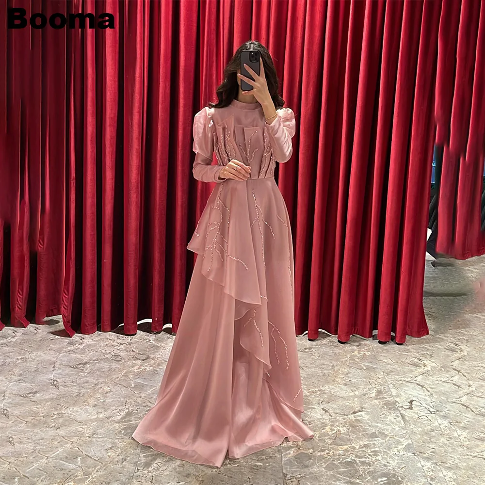 

Booma Pink A Line Evening Dresses Pleat Sequins Long Sleeves Formal Occasion Dresses Ruffles Events Party Gowns for Women Dubai