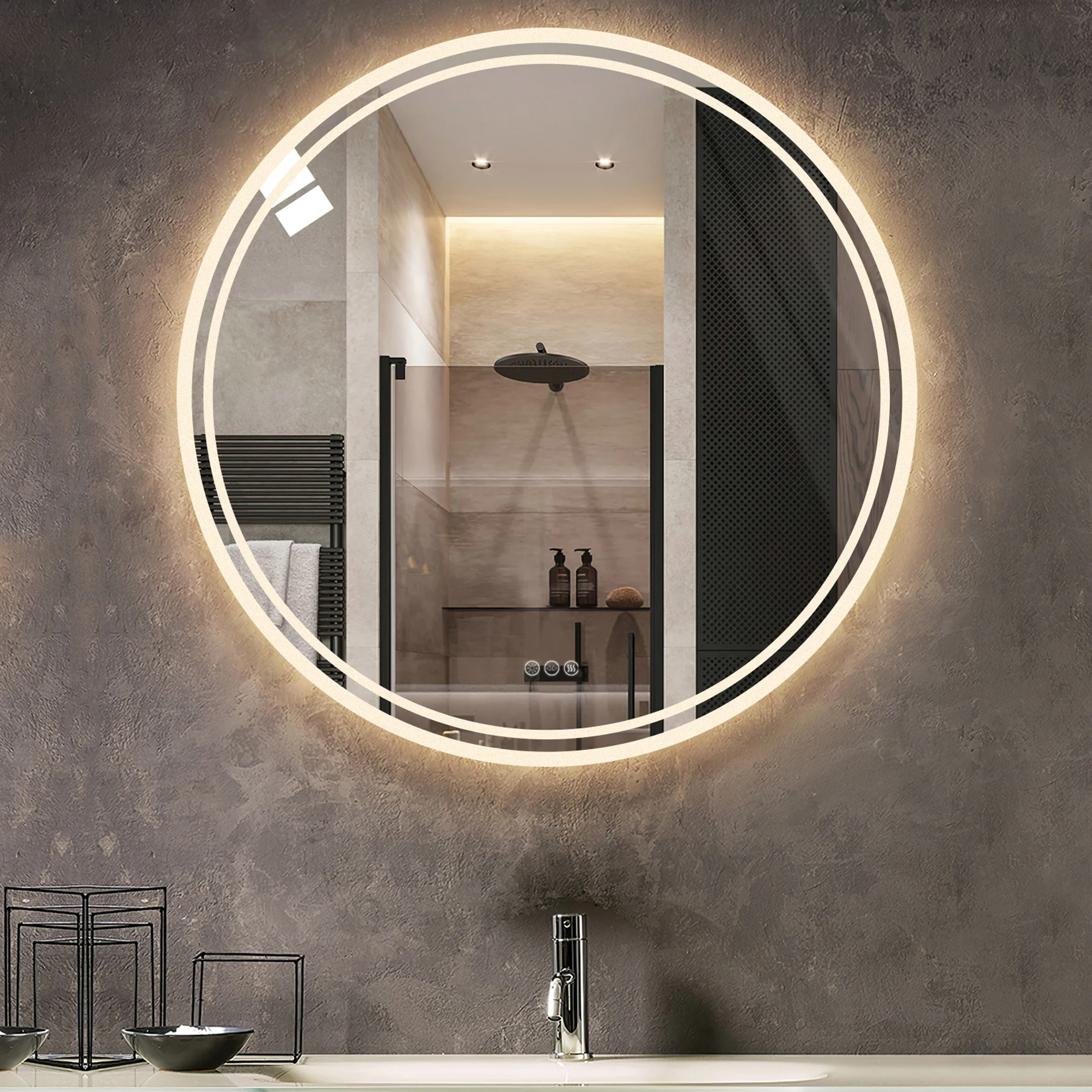 Bathroom Mirror with LED Lights Circle Backlit Illuminated Wall Mounted Lighted Mirror Anti-Fog 3 Colors Change IP65 Dimmable