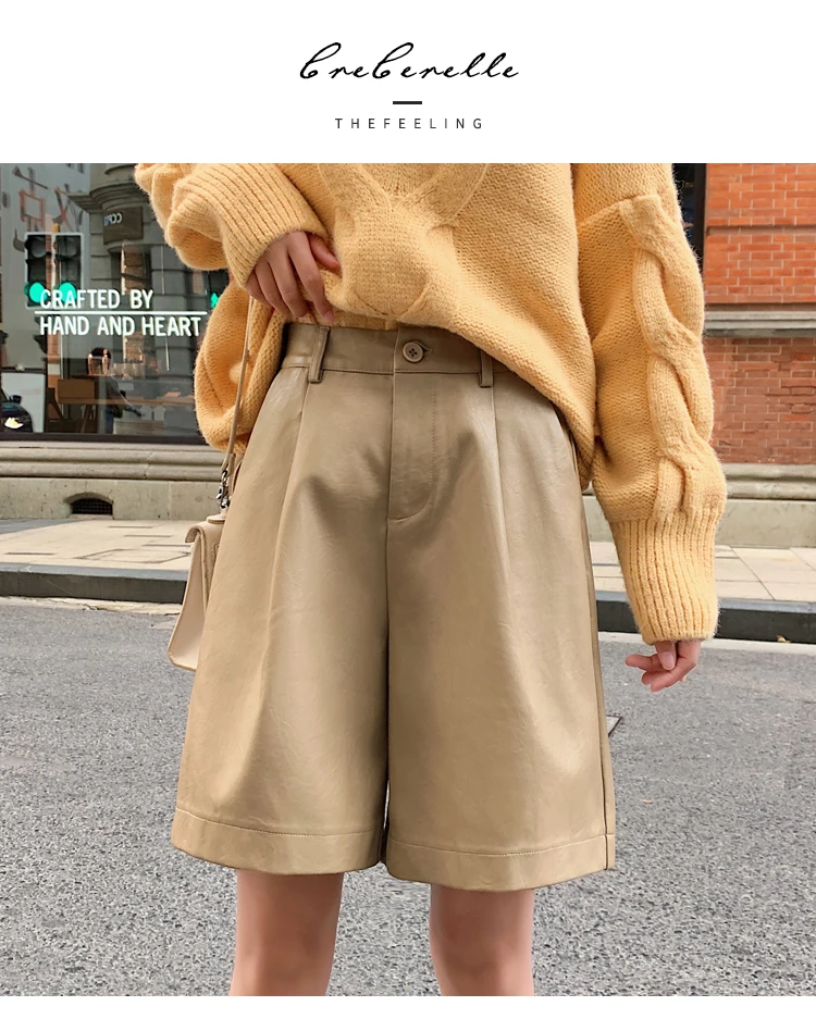 plus size womens clothing England Style Pu Leather Shorts Female High Quality Wide Leg Faux Leather Shorts High Waist Plus Size Loose  Short Pants Women cargo shorts