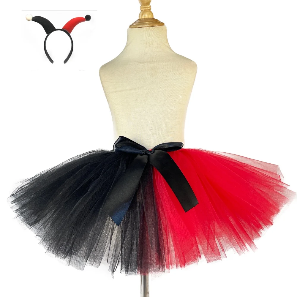 Girls Clown Tutu Skirts Halloween Costume for Kids Baby Red Black Tulle Pettiskirts with Hairbow Children Cosplay Skirts Cloth ballet tutu skirt children skirts