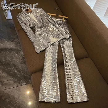 TWOTWINSTYLE Solid Sequin Two Piece Sets For Women Lapel Long Sleeveltop High Waist Pants Elegant Set Female Fashion KSE527441 1