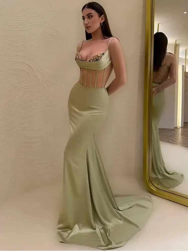 

2024 Charming Light Green Sweetheart Mermaid Prom Party Dress Satin Spaghetti Strap Open Back Evening Dresses Vestidos de noche