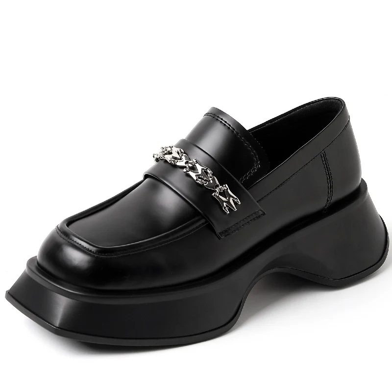 

New Autumn Women's Loafers Shoes Genuine Leather Slip On Platform Thick Bottom Thick Heel Square Toe Heightening Pumps 11201230