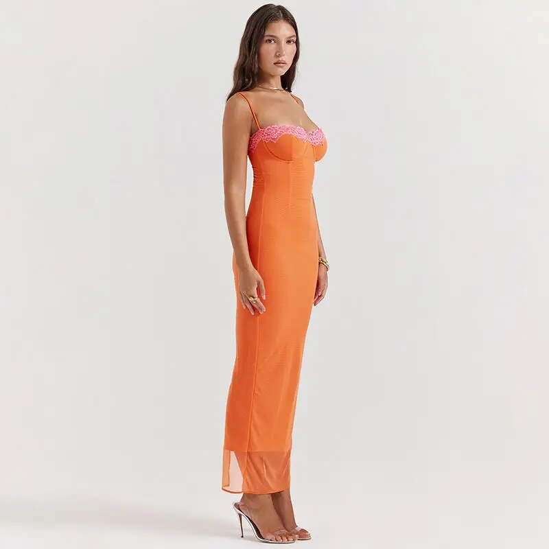 New Orange Mid length Dress Lace Wrapped Strap Sexy Dress