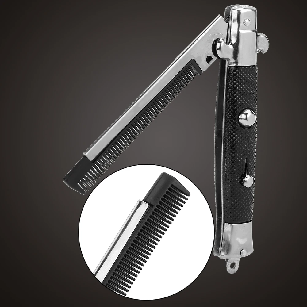 Switchblade-peine de pelo de aceite portátil con bolsillo de resorte, cuchillo plegable con aspecto automático, botón pulsador, cepillo, peine de barbero para hombre, estilismo