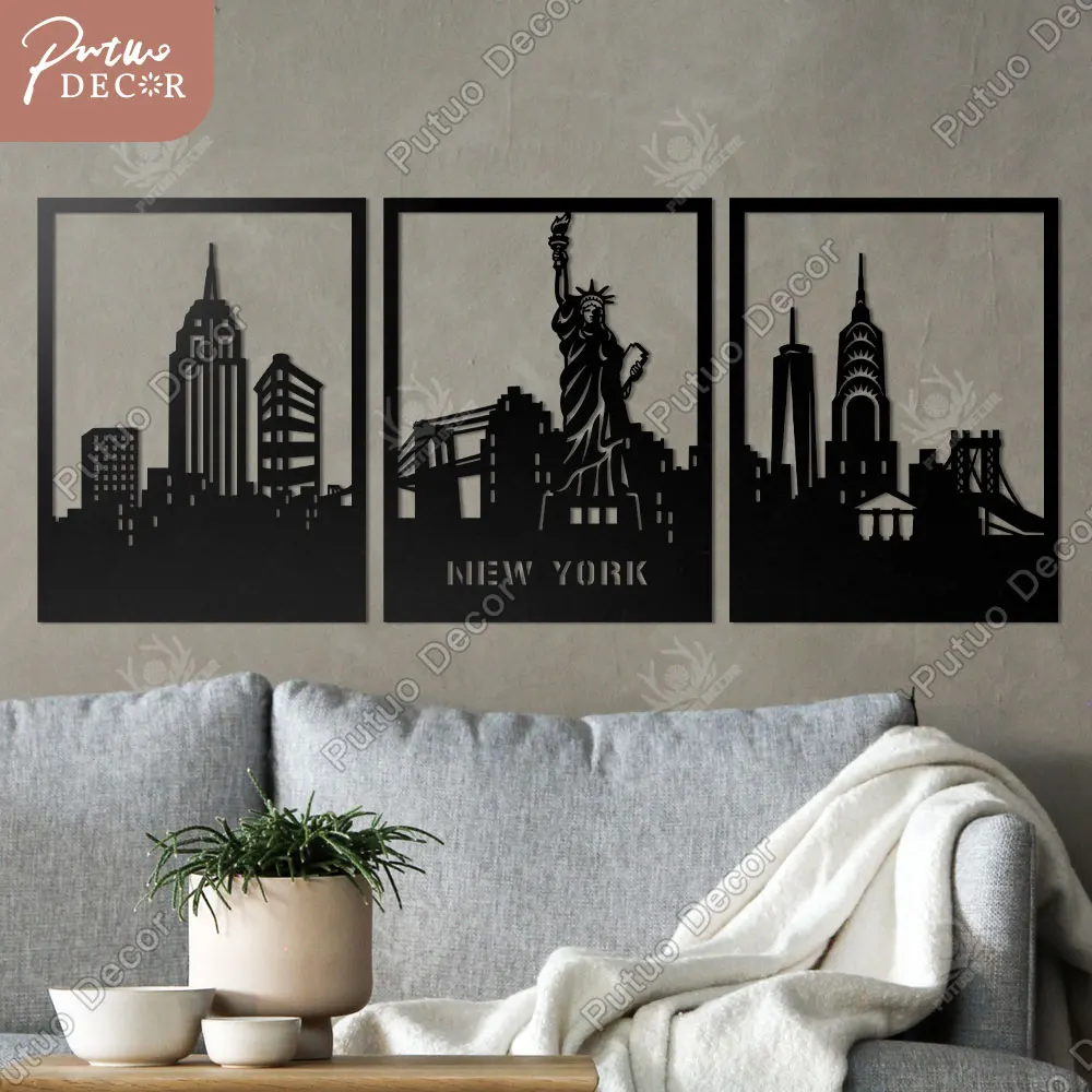 

Putuo Decor New York Skyline City Silhouette Wall Decor Modern Wooden Hangings Plaque for Living Room Bedroom Housewarming Gift