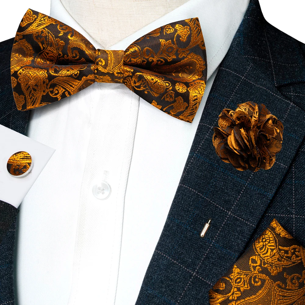 Champagne Silk Jacquard Paisley Bow Tie Set - Pre-tied Bowtie Brooch Hanky  Cufflinks for Weddings  Business