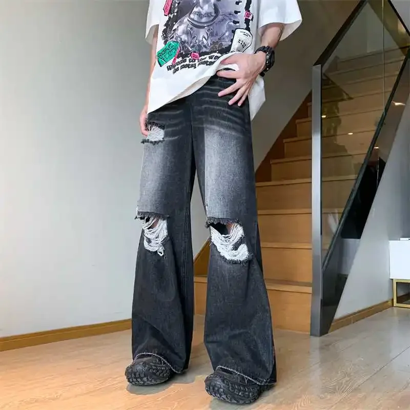 American style trendy hip-hop men and women retro washed ripped jeans loose and personalized straight leg wide leg casual pants 3