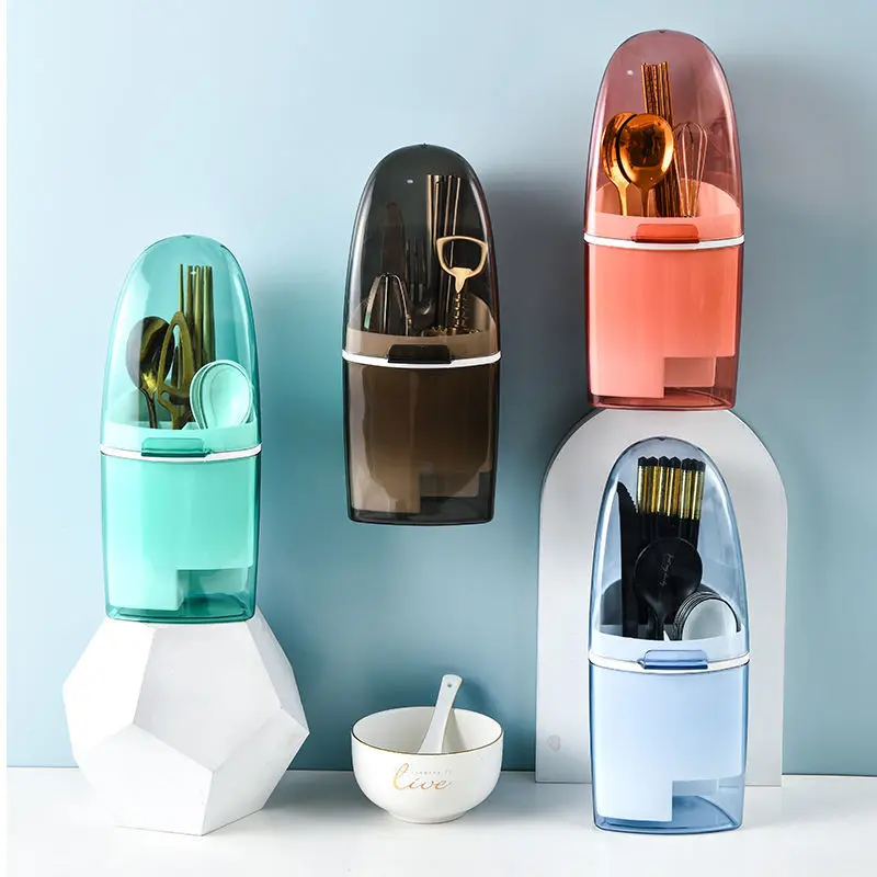 Wall Mounted Cutlery Drain Rack Household Spoon Fork Chopstick Knife Holder Multifunctional Kitchen Cooking Tools Organizer Box