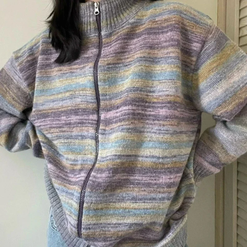 Retro Rainbow Stripe Standing Neck Contrast Knitted Cardigan Spring and Autumn New Slouchy Loose Coat Women