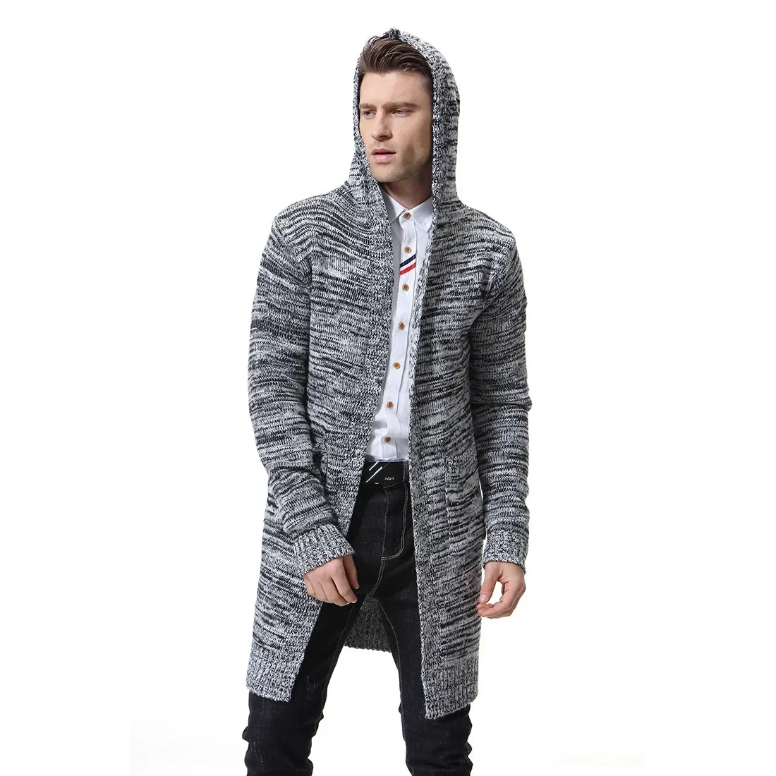 Men's Hooded Thick Cardigan Sweater Coat X-long Sweater 4