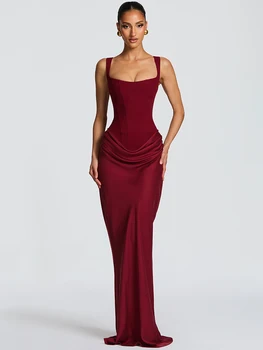 Mozision Elegant Backless Sexy Maxi Dress Women Gown Fashion Square Collar Sleeveless Skinny Ruched Club Party Long Dresses 1
