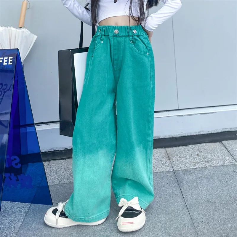 Jeans for Girls Autumn Casual Loose Gradient Color Young Children Wide Leg  Pants 12 13 14