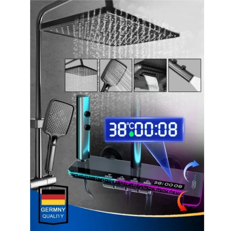 ชุดฝักบัวสีเทา ระบบฝักบัวดิจิตอลอัจฉริยะ 4 ฟังก์ชั่น ระบบฝักบัวแบบฝนตก แรงดันติดผนัง ชุดก๊อกน้ำฝักบัวคีย์เปียโน 1