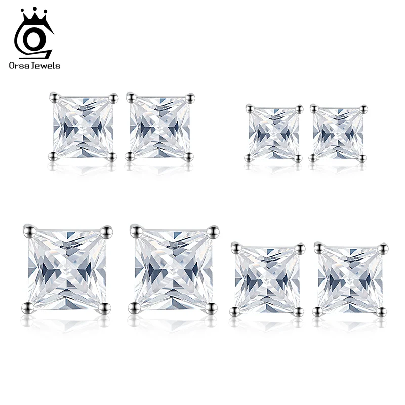 

ORSA JEWELS 3mm 4mm 5mm 6mm Square Shape Large Shiny Stud Earring 925 Silver Trendy Earring Lady Girls Jewelry Gift OSE305