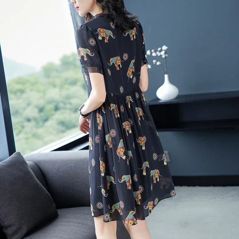 

100% Real Silk Black Women's Dresses 2023 Summer Elegant Fashion O-neck Short Sleeve Vintage Print Loose Woman Straight Dress