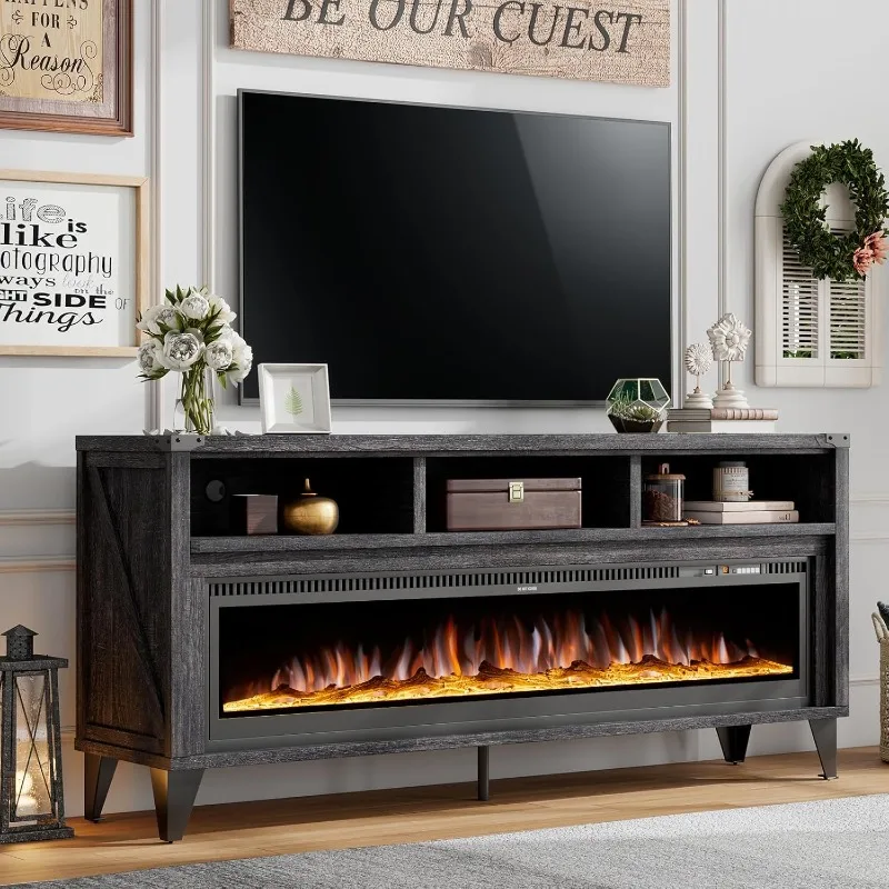 65Fireplace TV Stand with 60Glass Electric Fireplace, Industrial & Farmhouse Media Entertainment Center with Open Shelve Storage