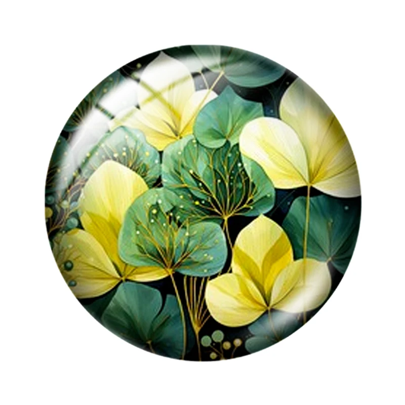 10pcs Watercolor Green Plants Round Glass Cabochons – Assorted Sizes