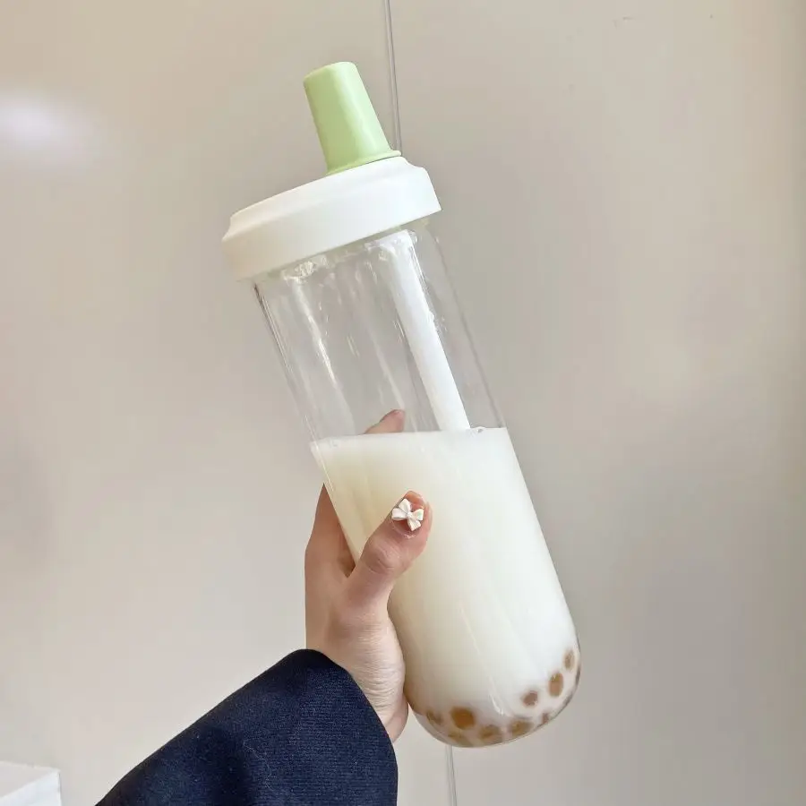 Cute Pearl Milk Tea Straw Plastic Water Bottle with Cup Cover - Drop-proof, Large Capacity Drinkware