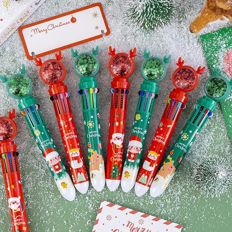 1PC Christmas 10-color Ballpoint Pen Student Press-type Color Pen Santa Claus Presses The Ballpoint Pen 0.5mm School Stationery