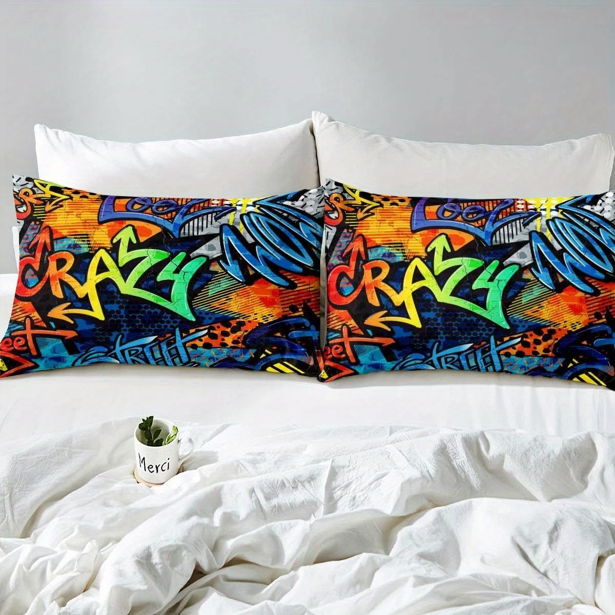 2/3Pcs Hippie Graffiti Duvet Cover Set, Street Culture Hip Hop Bedding with Pillowcases, Teens Room Decor for Men Women