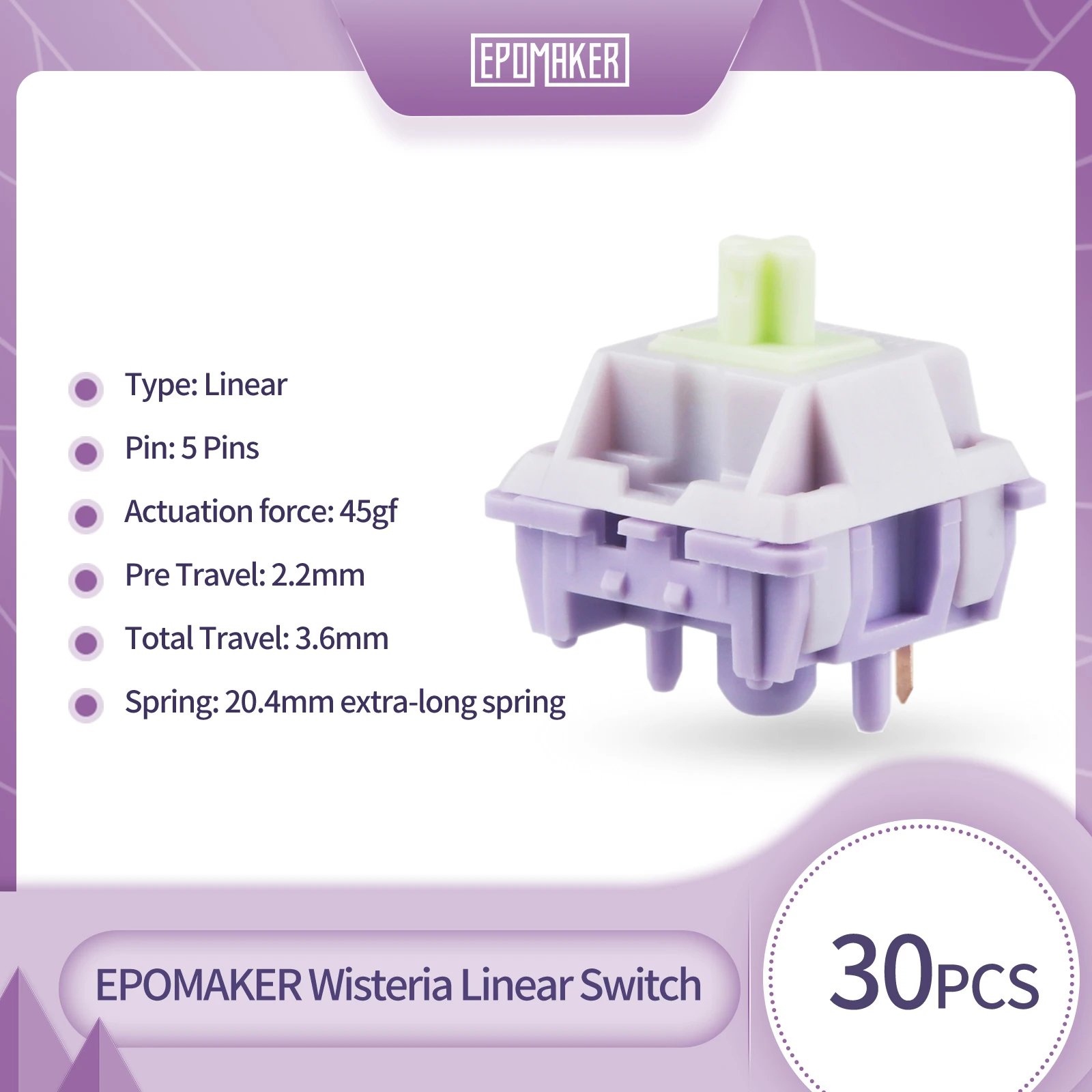 Epomaker Wisteria Conjunto de Interruptores Lineares e Táteis 5pin Teclado Mecânico Hot Swappable 30 Pcs