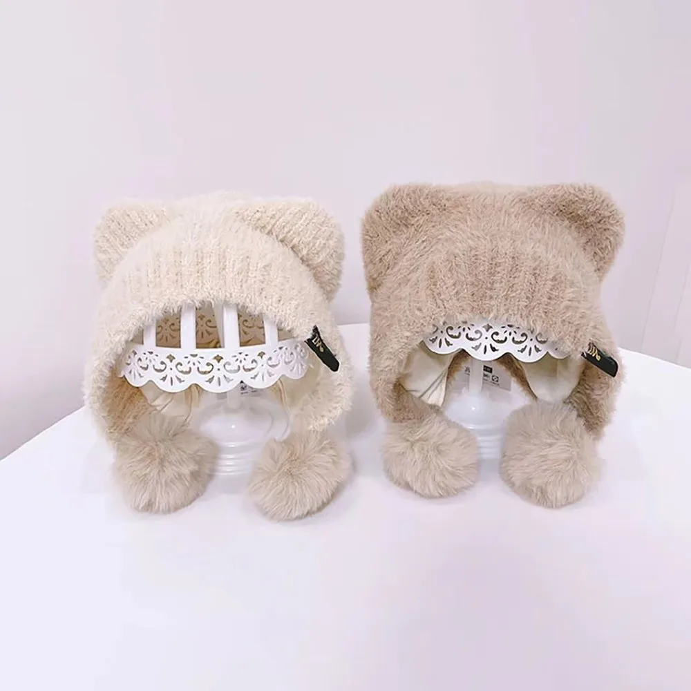 Cute Ear Protection Caps Warm Windproof Cartoon Pompom Hat Knitted Cap