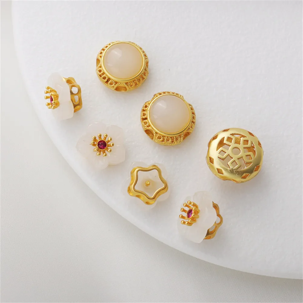 

18k gold inlaid jade matte gold hollow five-petal flower diy accessories necklace bracelet with beads