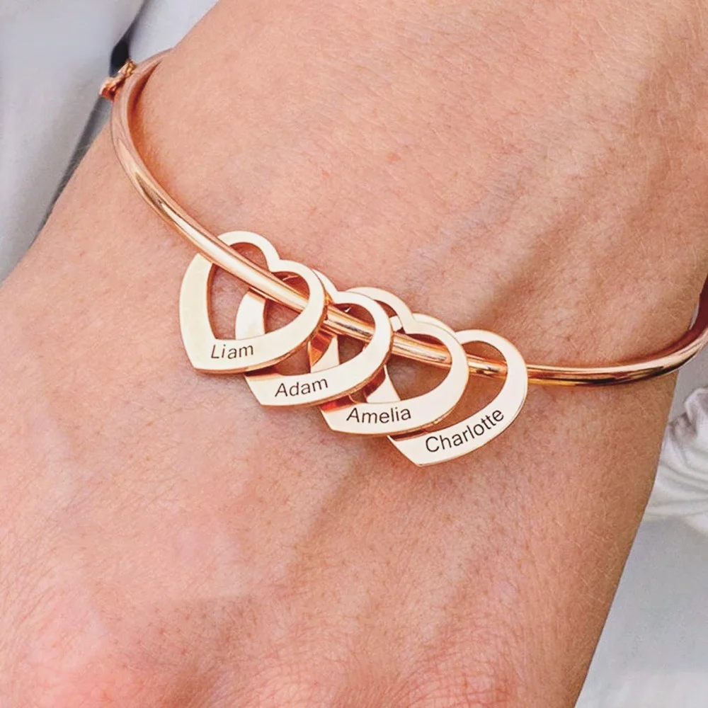 Stainless Steel Women Bangles Personalized Custom Multi-Name Heart Pendant Couple Bangles Jewelry Gifts Manchette Bracelet Femme