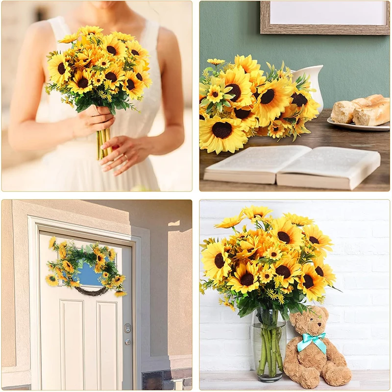 TURNMEON 28Pcs Sunflowers Artificial Flowers For Outdoors Spring Decor, 4 Pack Fake Flowers Silk Faux Sunflower Bouquet Arrangement For Vase Wedding Table Home Grave Cemetery Flowers Summer Decor - View #9