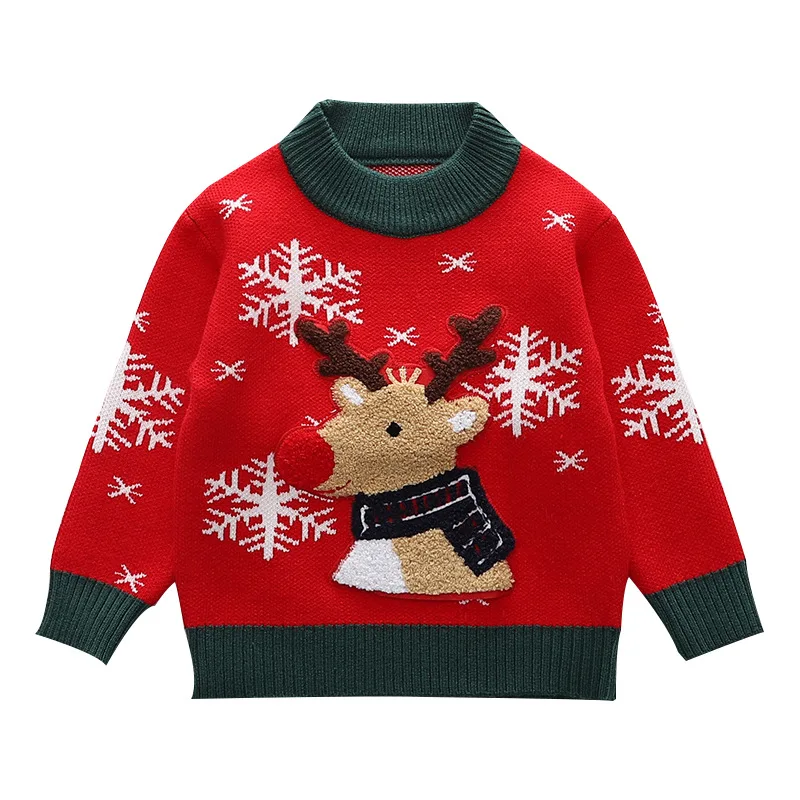 

Children's Pullover Sweater Autumn and Winter New Girls' Christmas Colored Knitting Shirt Little Kid Elk Long Sleeve Sweater