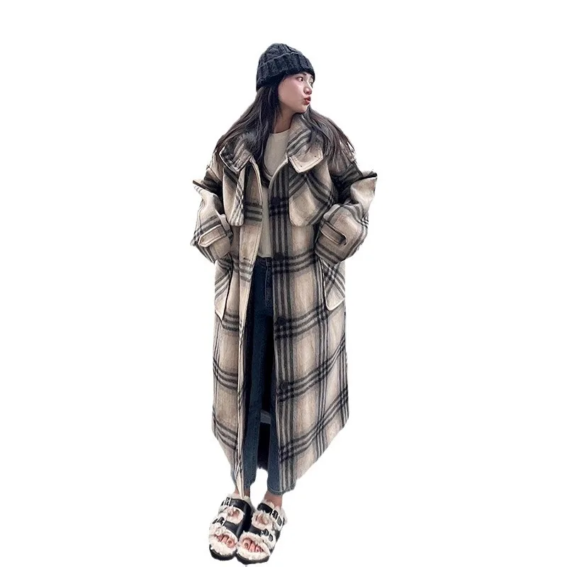 

SuperAen Korean Style Plaid Coat Long Woolen Coat 2023 Autumn and Winter New Woolen Coat for Women