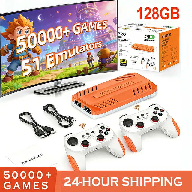 Nouvelle console de jeu vidéo 4K X10 PRO 128 Go 2026 avec jeux 3D intégrés, 50K jeux, plus de 40 émulateurs, jeux rétro et deux manettes 2.4G 1