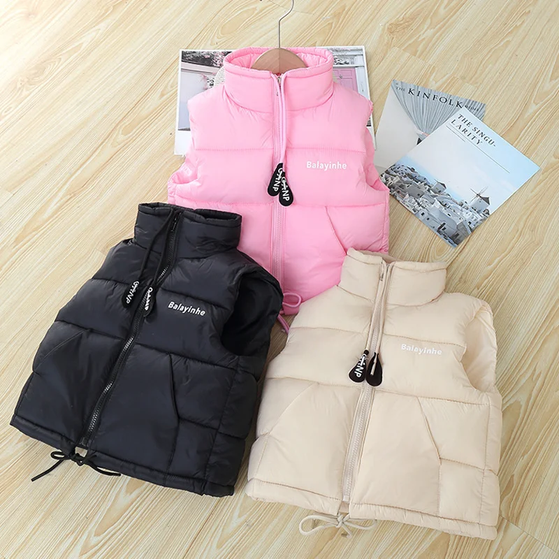 

Children Vest Jacket Coat Letter Pull Rope Zipper Sleeveless Warm Boy Girl Outerwear 2023 Autumn Winter Teenager Kids Waistcoat