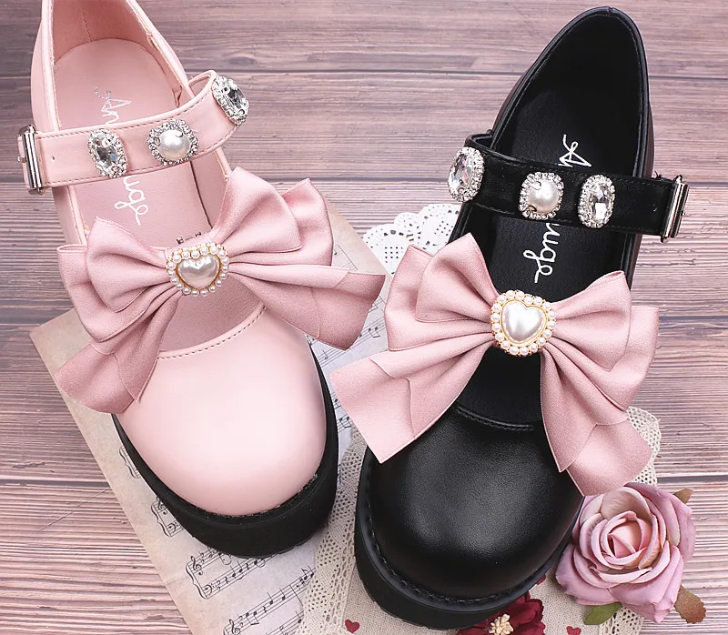 Handmade Japanese Style Pearl Heart Big Bow Shoe Clip Student Girls Sweet Cute Shoe Buckle Lolita Shoe Accessories