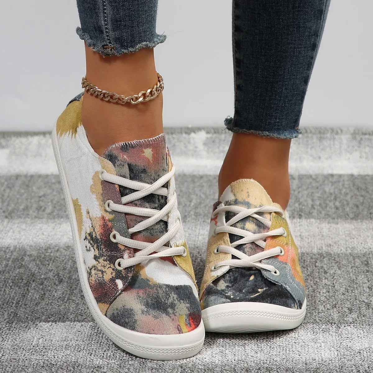 

Женская обувь с принтом, повседневные дышащие кроссовки, Женская удобная летняя спортивная обувь со шнуровкой и круглым носком