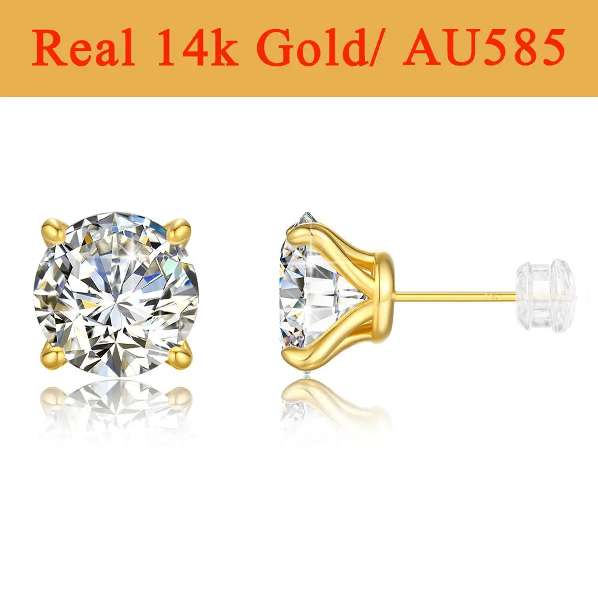 1pair 14K Gold Moissanite Stud Earrings for Women Simple Classical 4-Prong Lab Diamond Ear Stud Wedding Engagement Gift Jewelry 1