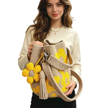 Borsa da Spiaggia Boho Leggera con Ricami Estetici, Borsa Boho con Nappa Floreale, Borsetta a Sacchetto con Coulisse per Donne
