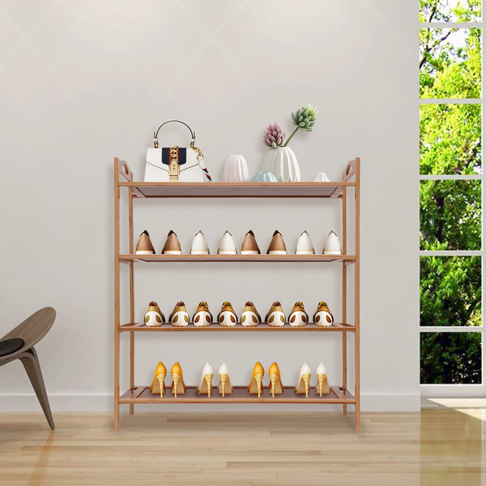 4-Layer Bamboo Shoe Rack, Porch Shoe Rack, Open Storage Bamboo Hollow Storage Rack