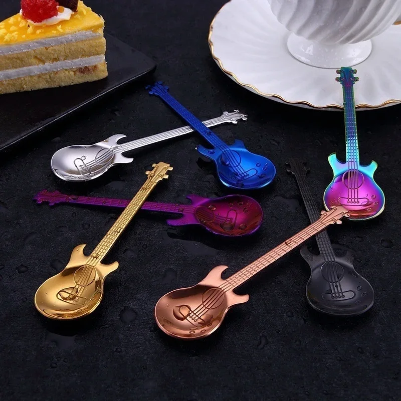 Stainless Steel Spoon Guitar Spoons Rainbow Coffee&Tea Flatware Dessert Spoons